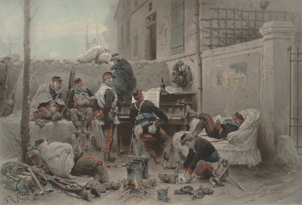 Photogravure plate after painting by Neuville, 1882; group of 8 French soldiers relaxing in building yard during the Franco-Prussian War, one playing piano.